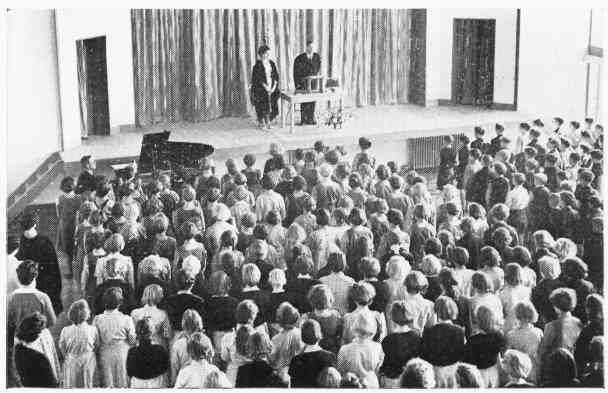 First assembly in the School Hall